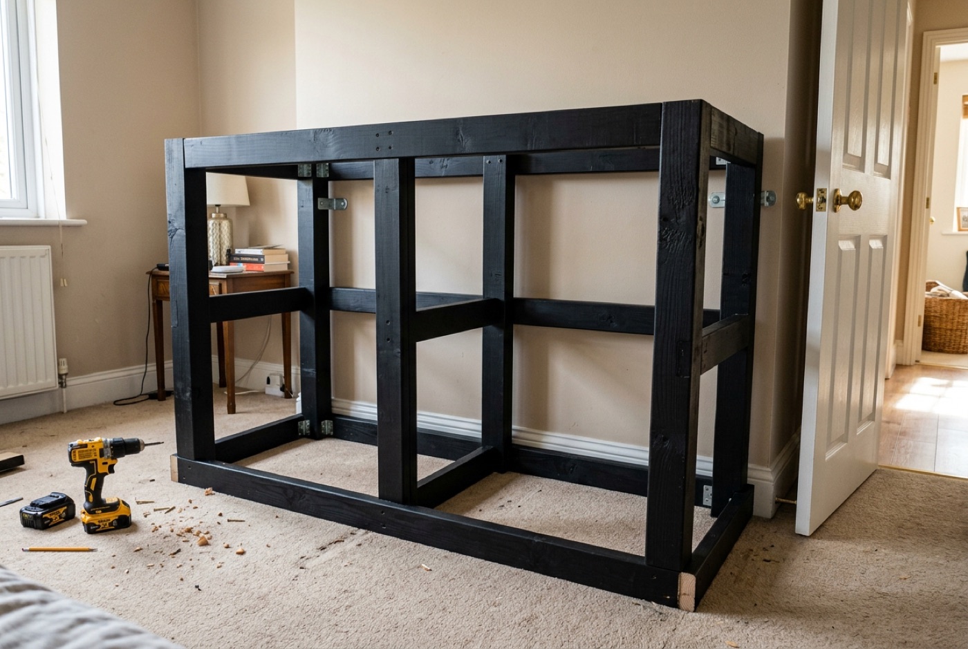 A matte-black painted three-section workbench frame standing in a residential bedroom mid-build, with a cordless drill on the carpet next to it. The skeleton is in place: outer 4x4 posts, inner 2x4 dividers, and horizontal rails — no doors, no top.