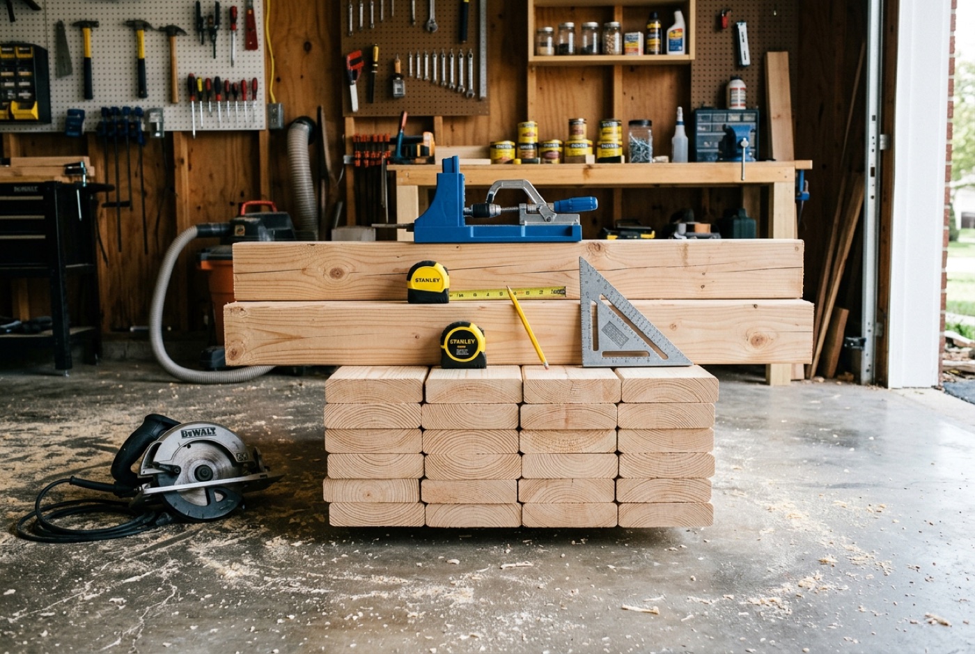 Workshop scene: stacks of cut pine 2x4 boards with a 4x4 post on top, a tape measure, speed square, pencil, and circular saw arranged around the lumber on a concrete garage floor.