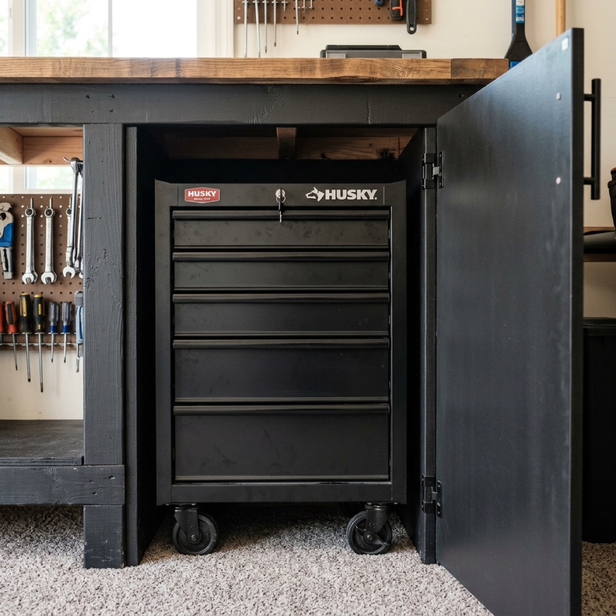 Right cabinet open, showing a black 5-drawer Husky rolling tool chest parked inside, with the walnut top visible above and matte-black cabinet walls.