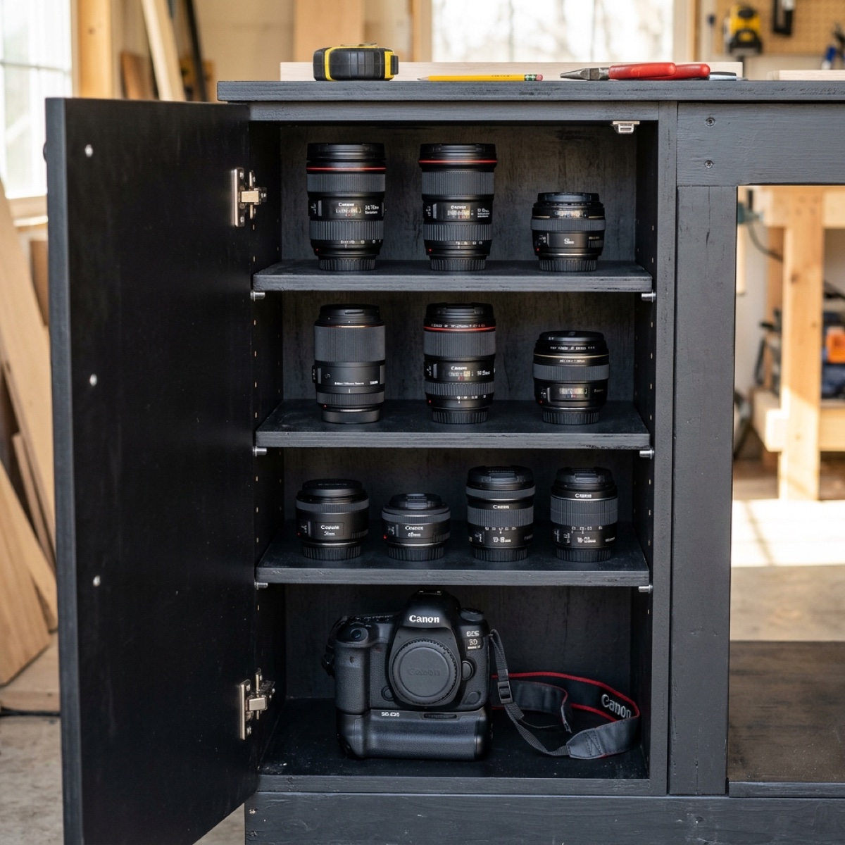 Left cabinet open, showing four adjustable matte-black shelves stocked with Canon camera lenses and a DSLR body on the bottom shelf.