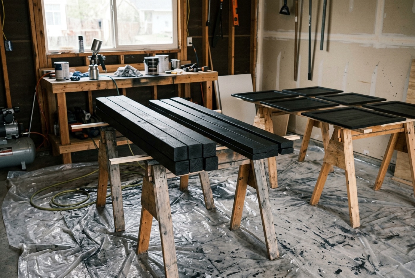 Garage paint booth: sawhorses holding freshly black-painted 4x4 posts and 2x4 boards drying. A second pair of sawhorses holds black plywood door panels. Plastic drop cloth on the floor.